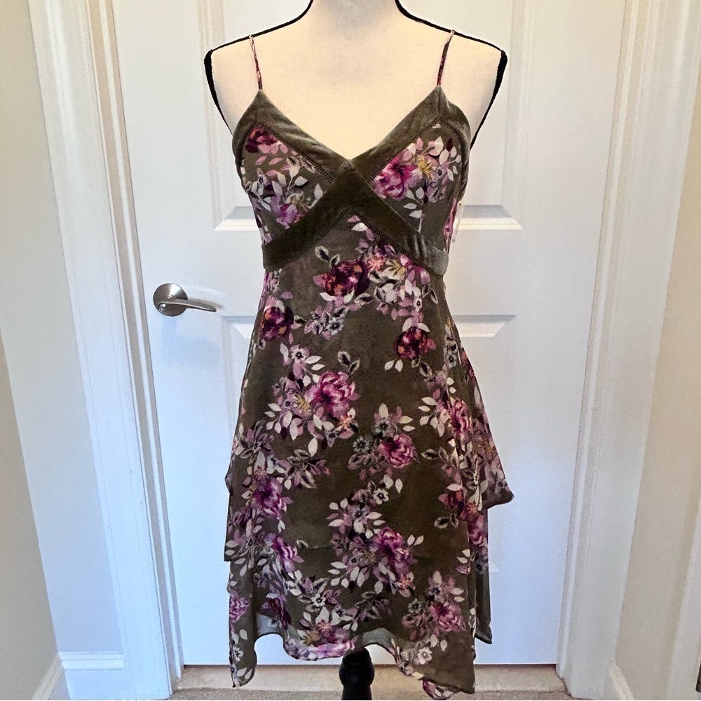 White House Black Market Floral MiniDress with Velvet Trim SZ 4P - Picture 2 of 8